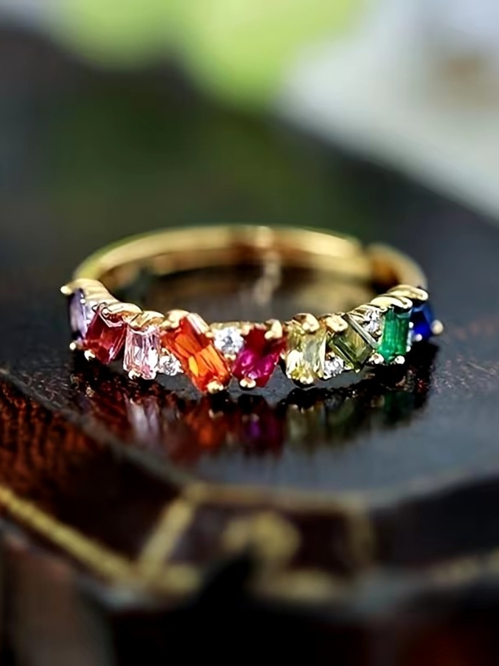 Size 7 Multi-Color Gemstone Gold Band Ring - Vibrant Rainbow Accent